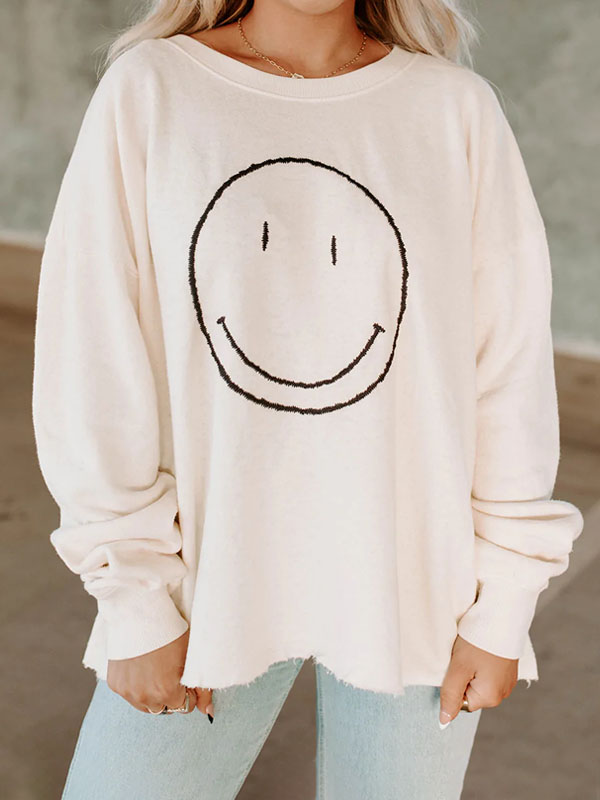 Oversized Casual French Terry Happy Face Sweatshirt For Women
