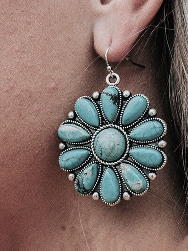 Vintage Boho Ethnic Inlaid Turquoise Flowers Earrings
