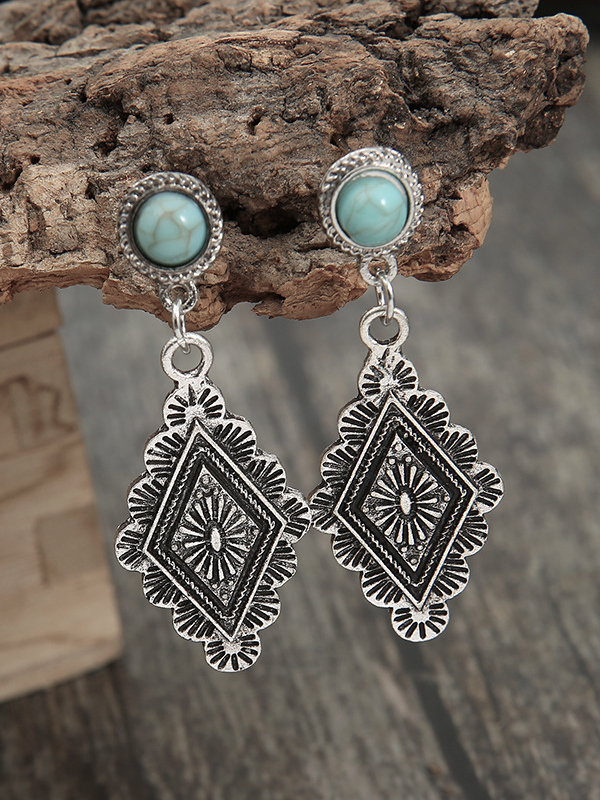Vintage Boho Rhombus Carved Turquoise Concho Teardrop Earrings