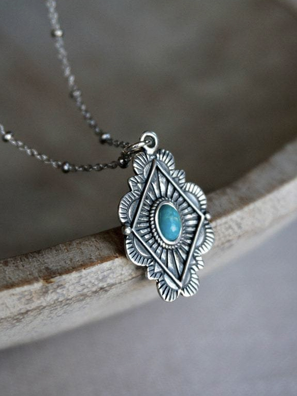 Vintage Boho Turquoise Concho Teardrop Flower Pendant Necklace