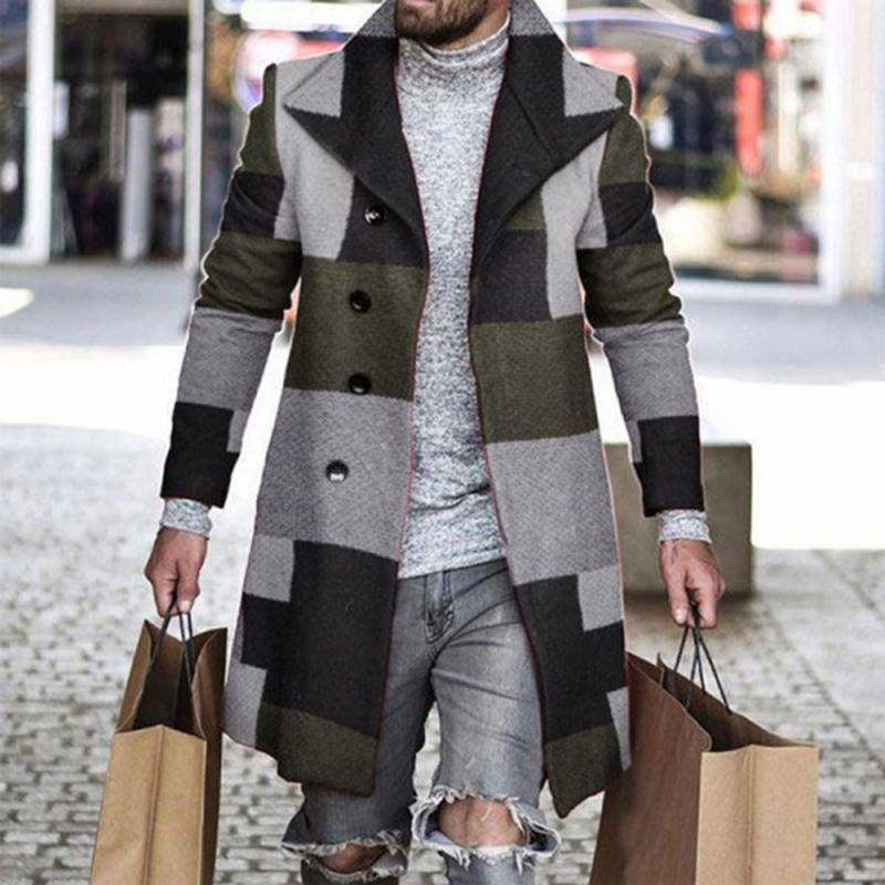 Men's Fashion Vintage Plaid Trench Coat Mid Length Jacket