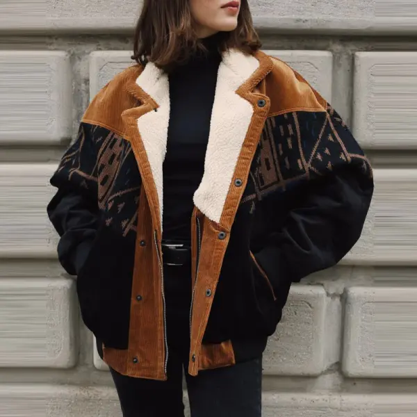 Women Retro Graphic Suede Fleece Jacket Coat - Ootdyouth.com 