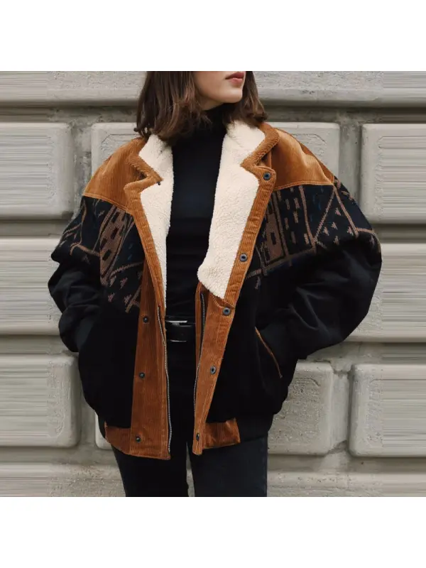 Women Retro Graphic Suede Fleece Jacket Coat - Valiantlive.com 