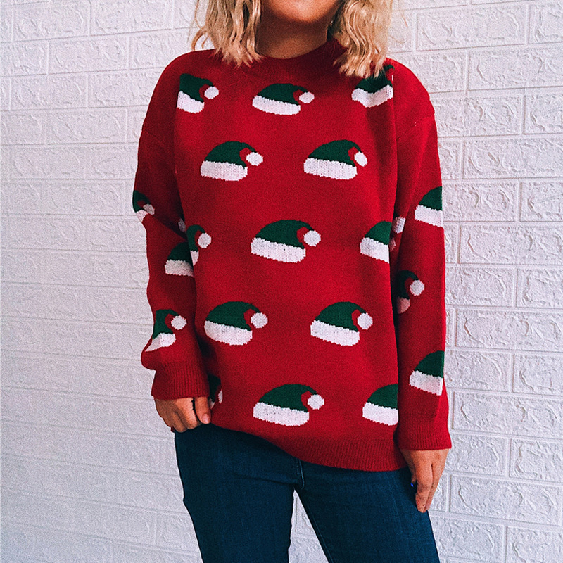 Women Christmas Hat Jacquard Knit Sweater