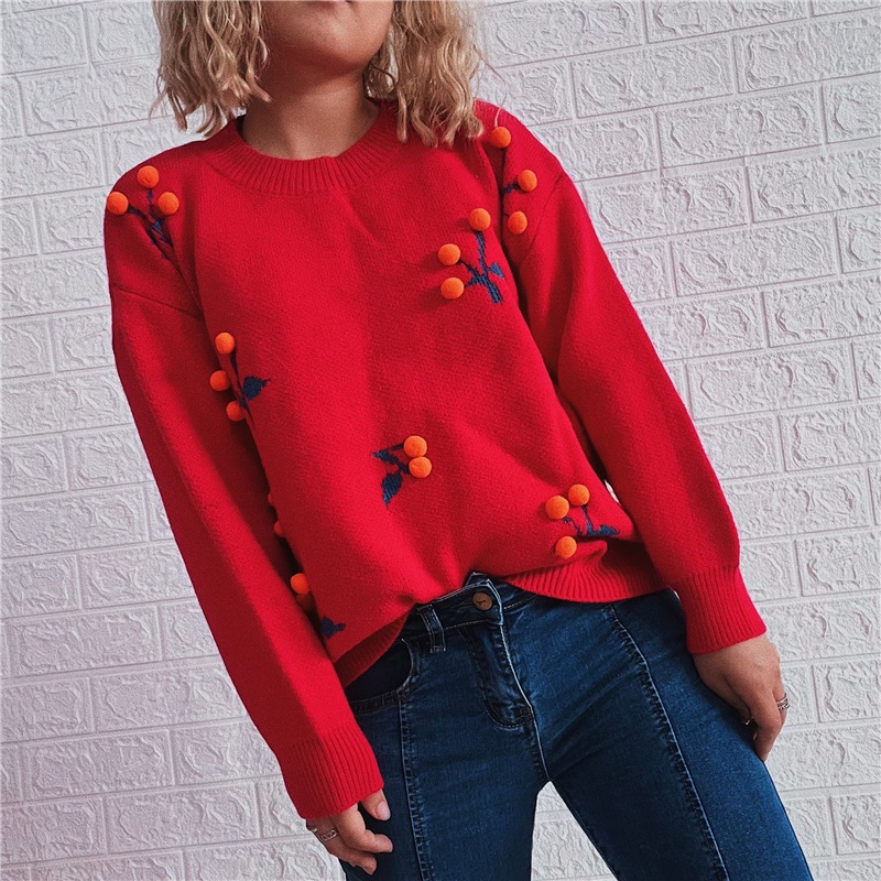 Women Christmas Bubble Cherry Jacquard Knit Sweater
