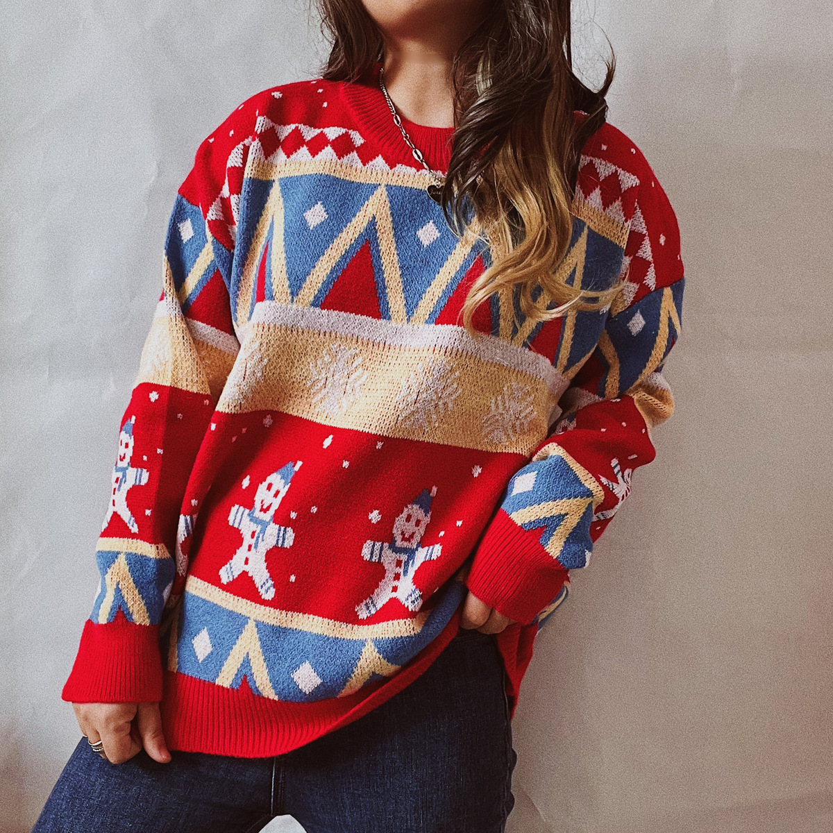 Women Christmas Snowman Jacquard Knit Sweater