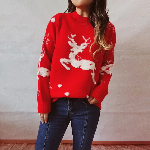 Women New Year's Christmas Fawn Holiday Crew-neck Knit Sweater - Spiretime.com 