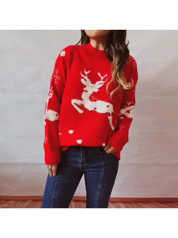 Women New Year's Christmas Fawn Holiday Crew-neck Knit Sweater - Ootdmw.com 
