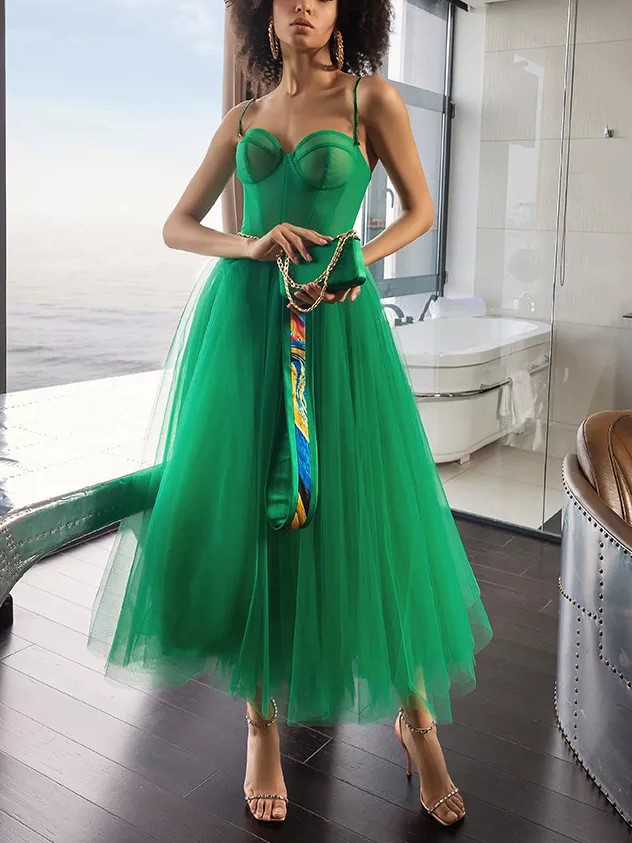 Ladies Fashionable Sweet Mesh Suspender Tube Top Green High Waist Gown Dress