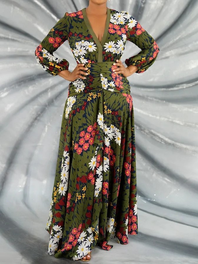 Women's Retro V Neck Ruched Loose Casual Long Swing Dress