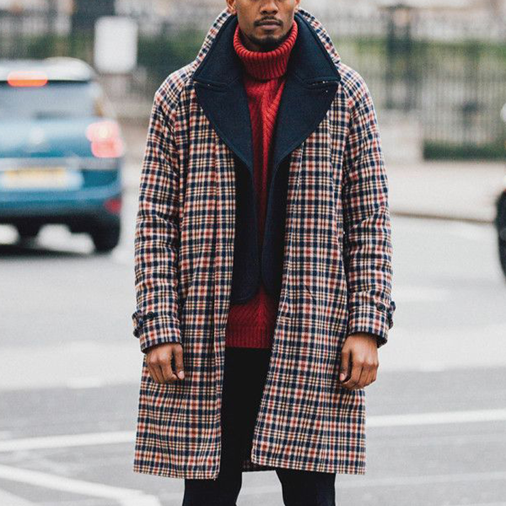 Men's Retro Plaid Fashion Mid length Trench Coat
