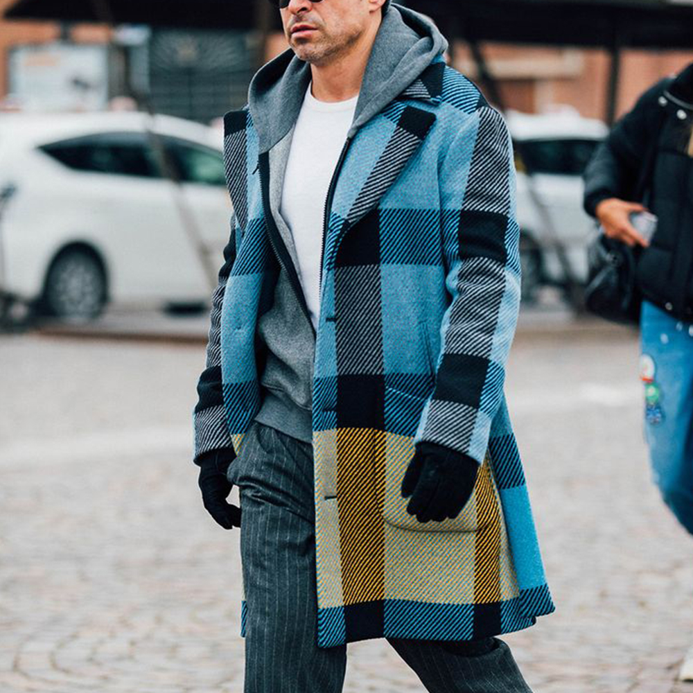 Men's Vintage Plaid Fashion Blue Mid Length Trench Coat