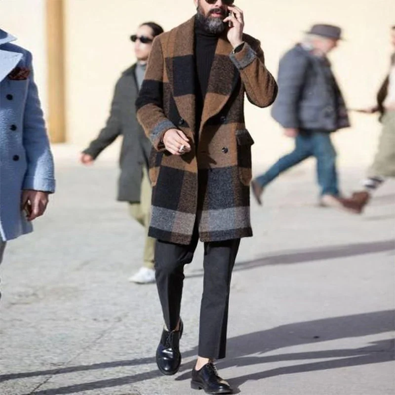 Men's Vintage Plaid Dragon And Phoenix Fashion Mid Length Trench Coat