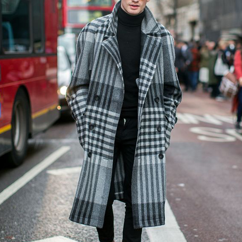 Men's Fashion Vintage Plaid Trench Coat Mid Length Coat