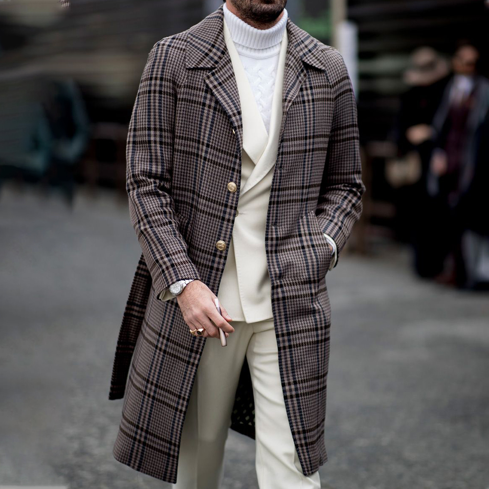 Retro Plaid Fashion Men's Mid length Trench Coat
