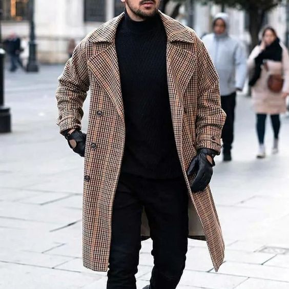 Men's Retro Temperament Plaid All match Mid length Trench Coat