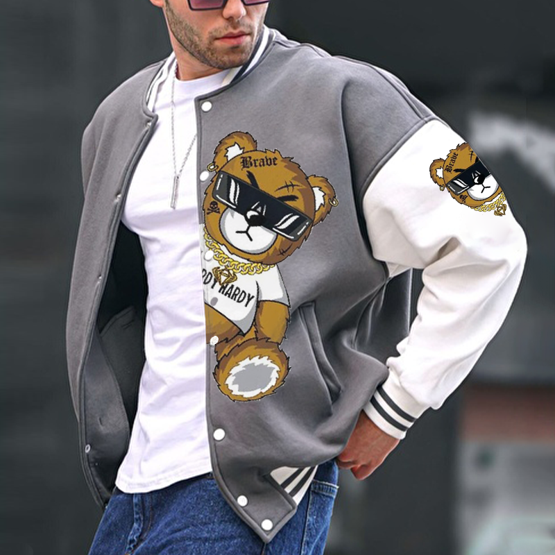 Oversized Teddy Bear Print Men's Patchwork Baseball Jersey