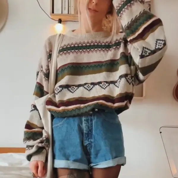 Women Vintage Stripe Graphic Knitted Sweater - Yiyistories.com 