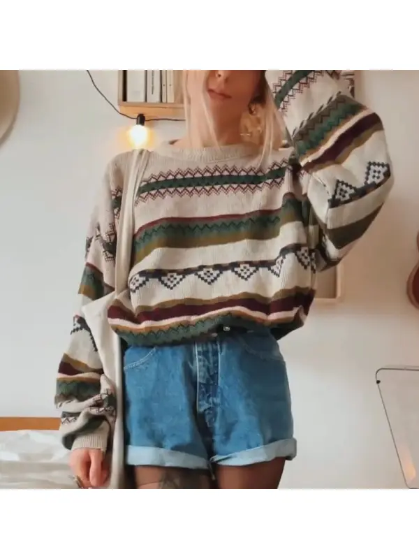 Women Vintage Stripe Graphic Knitted Sweater - Machoup.com 