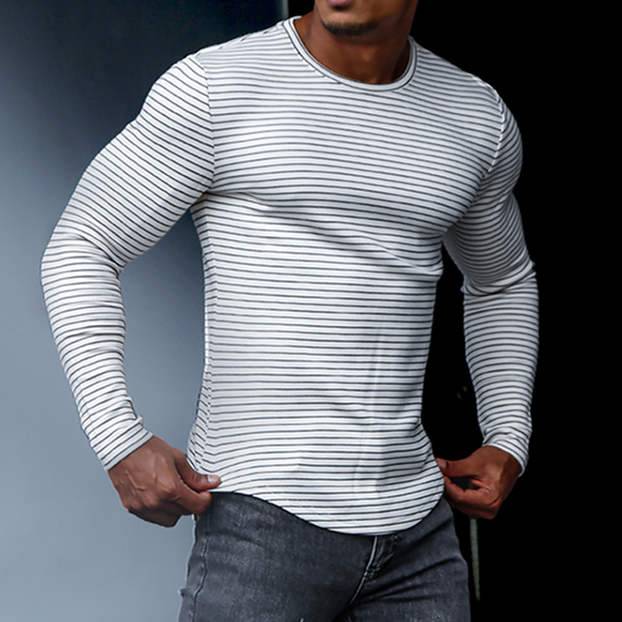 BVSN Fitness Long sleeved Sports Training T shirt Running Top Casual Slim Striped Round Neck Cotton Bottoming Shirt Men