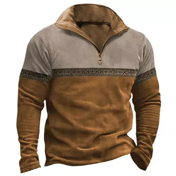 Mens Outdoor Vintage Color Patchwork Zip Sweatshirt - Mosaicnew.com 