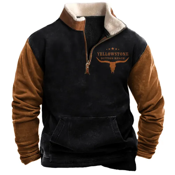 Men's Vintage Western Yellowstone Colorblock Zipper Stand Collar Sweatshirt - Uustats.com 