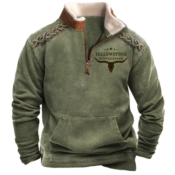 Men's Vintage Western Yellowstone Zipper Stand Collar Sweatshirt - Mosaicnew.com 