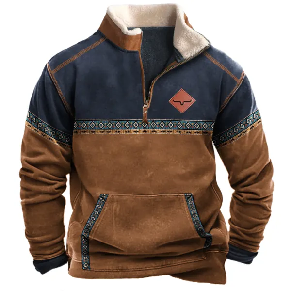 Men's Vintage Western Yellowstone Colorblock Zipper Stand Collar Sweatshirt - Blaroken.com 