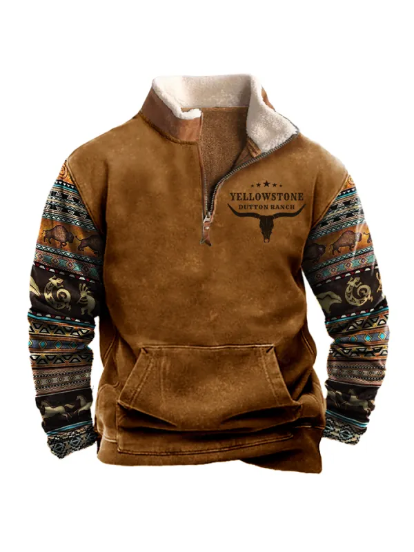 Men's Vintage Western Yellowstone Colorblock Quarter Zip Stand Collar