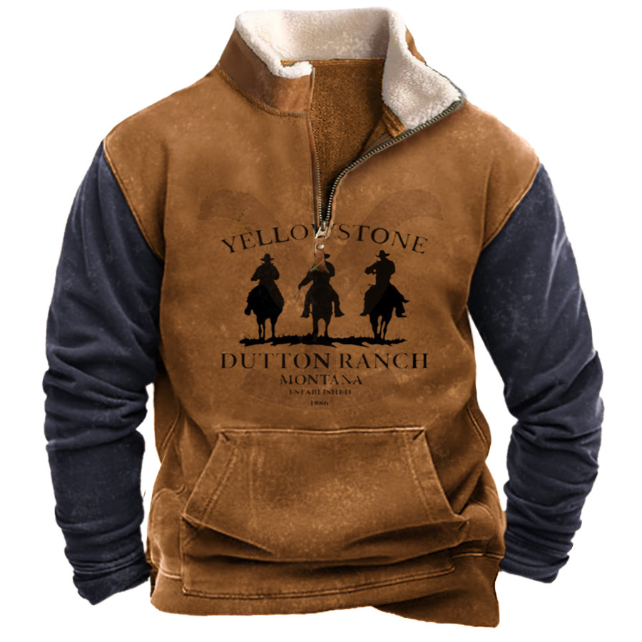 

Men's Vintage Western Yellowstone Colorblock Zipper Stand Collar Sweatshirt