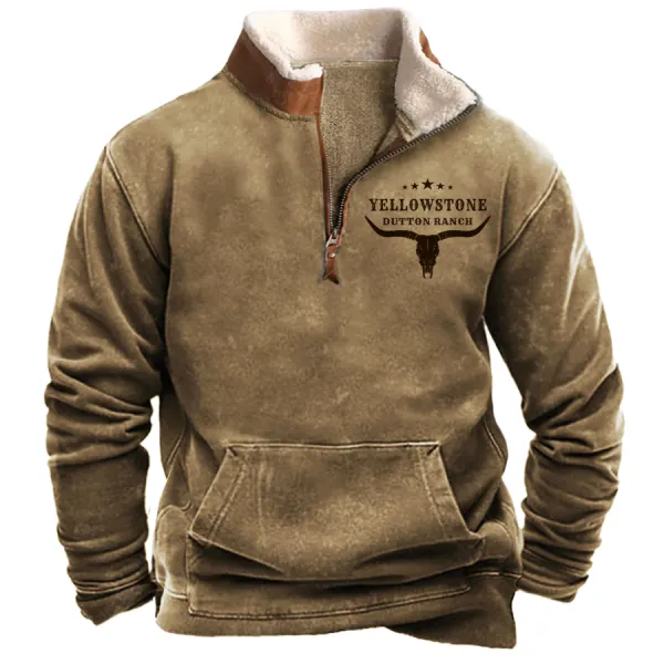 Men's Vintage Western Yellowstone Zipper Stand Collar Sweatshirt - Uustats.com 