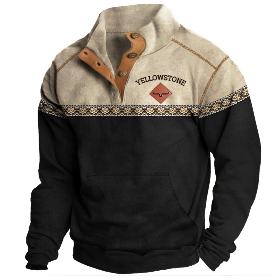 

Men's Vintage Western Yellowstone Colorblock Stand Collar Sweatshirt