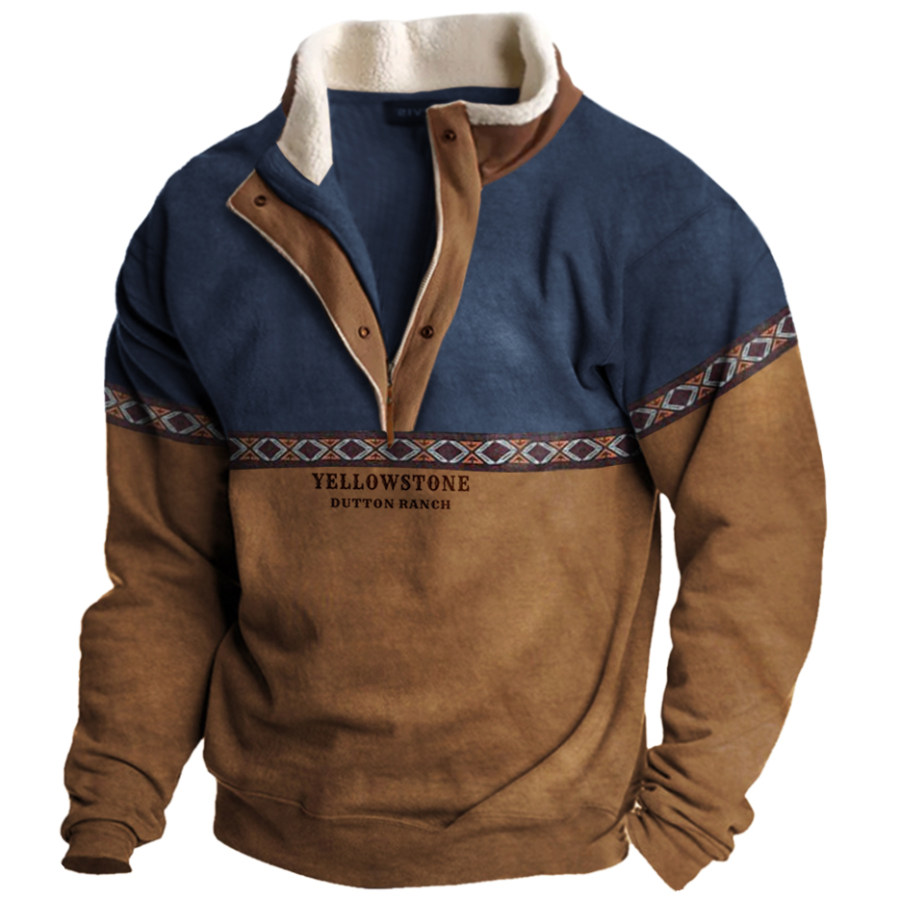 

Men's Vintage Western Yellowstone Colorblock Zipper Stand Collar Sweatshirt