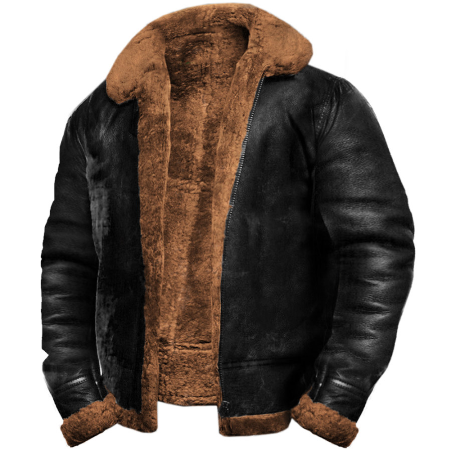 

Chaqueta De PU De Forro Polar Grueso Vintage Para Exteriores Para Hombre