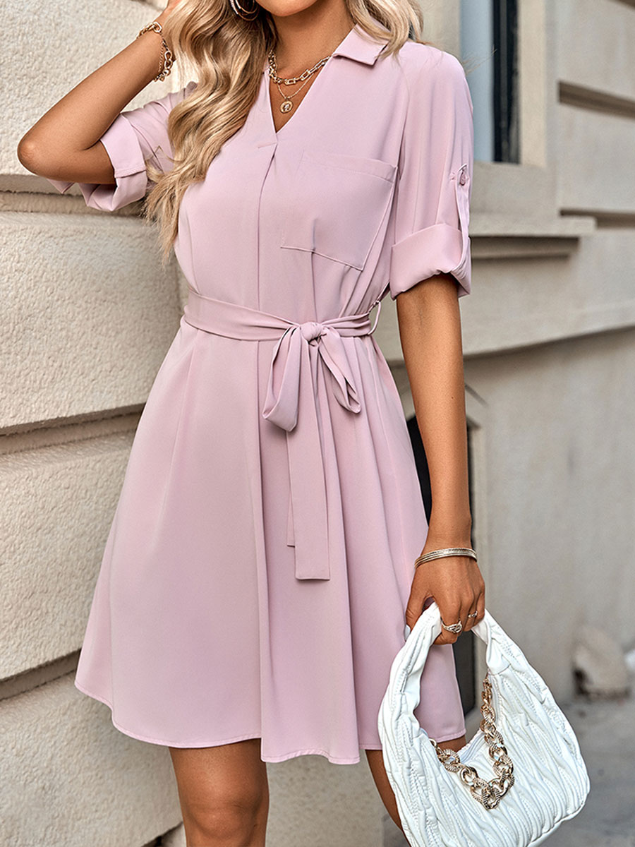 Fashion Solid Color Lapel Collar Half Sleeve Belt Dress