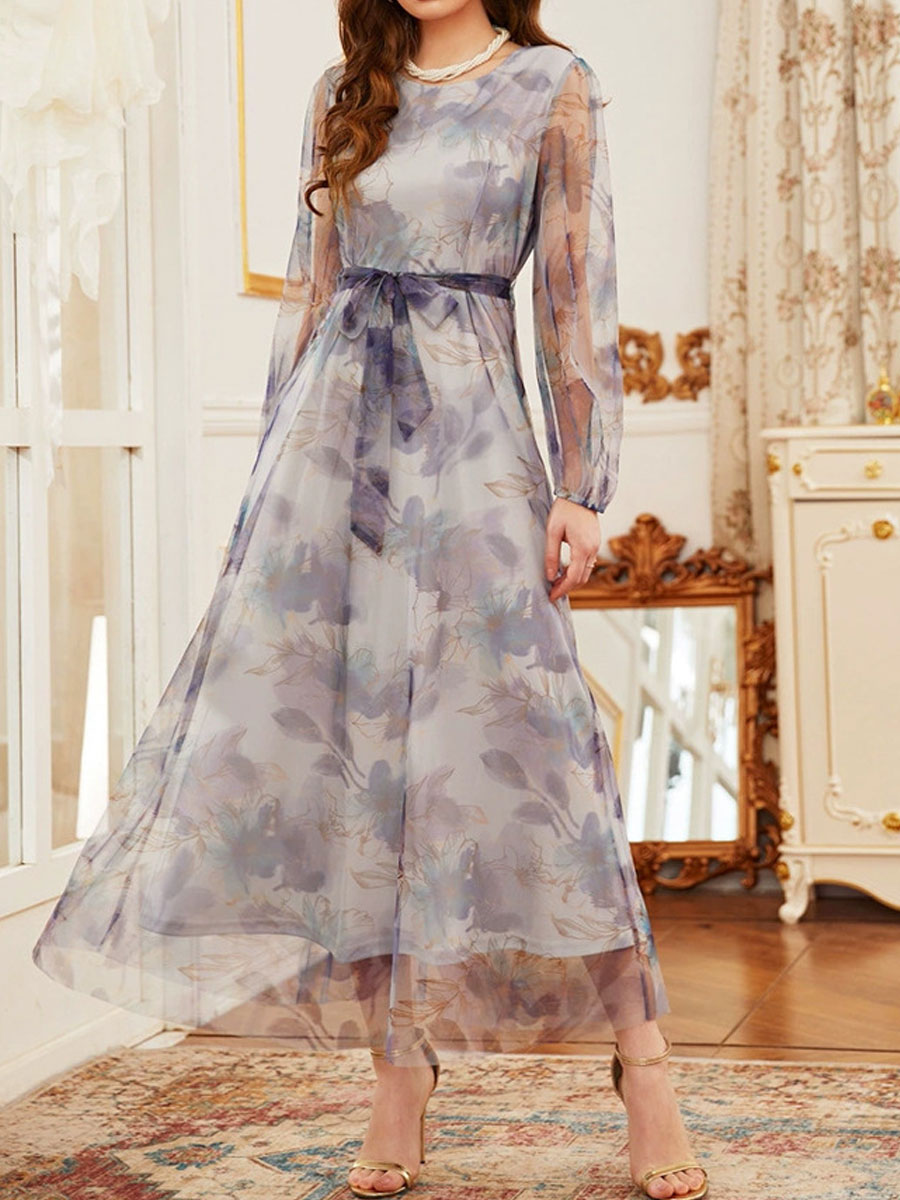 Trendy Printed Round Neck Lace Long Dress
