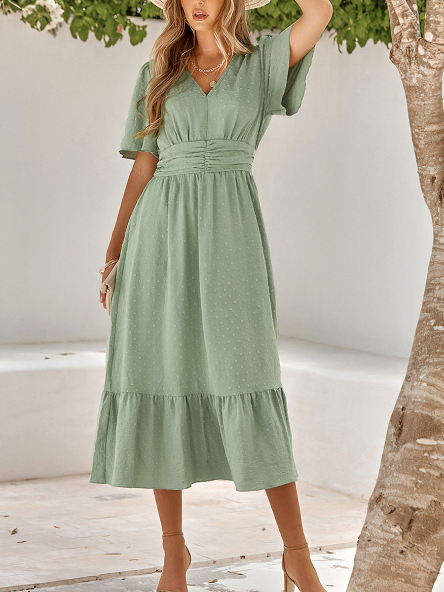 V neck Ruffle Sleeves Solid Color Long Dress