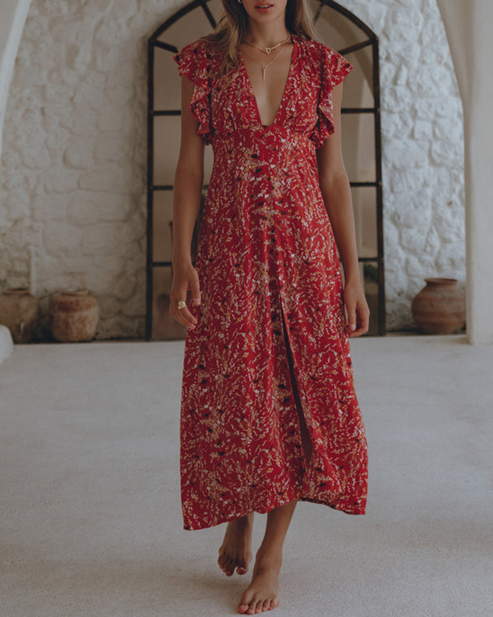 Casual V Neck Printed Maxi Ruffle Sleeveless Slit Dress