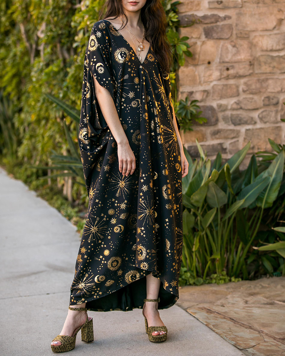 Ladies Elegant Fashion Long Dress Holiday Casual Bronzing Printing V Neck Plus Size Dress