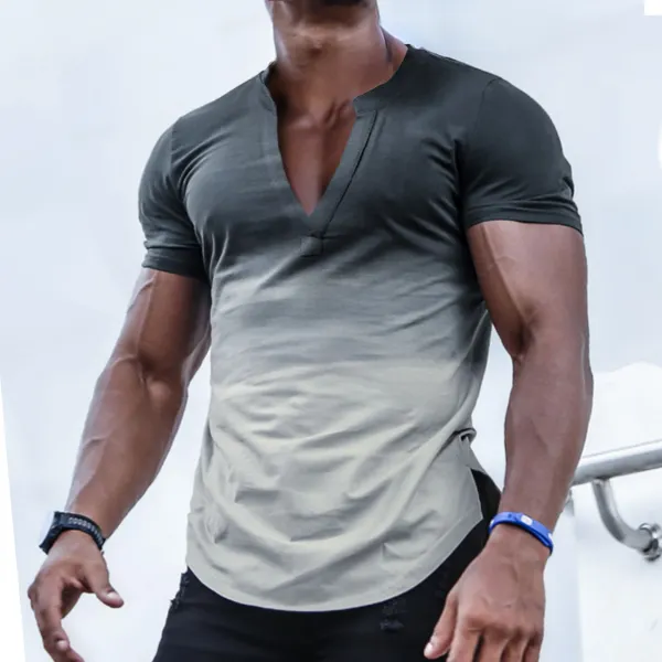 Men's Casual Slim Short Sleeve T-Shirt Sports Fitness Running Breathable Gradient V Neck Tops - Fineesa.chimpone.com 