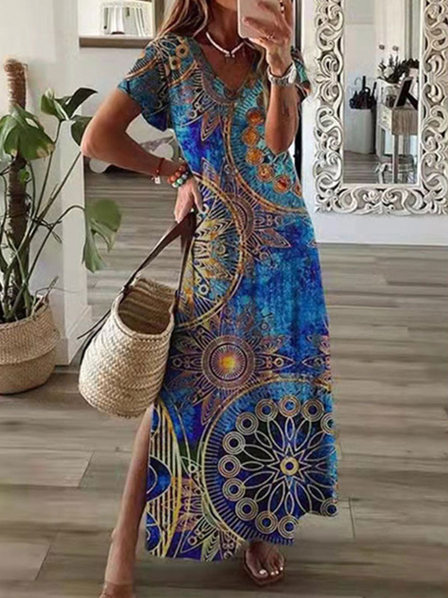 V Neck Short Sleeves Printed Slit Maxi Dress