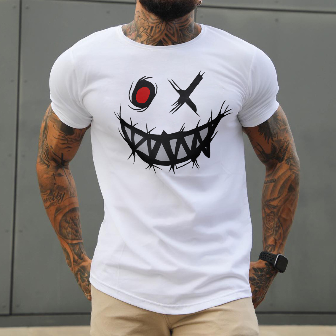Men's Smile Print Basic Chic Round Neck Cotton T-shirt