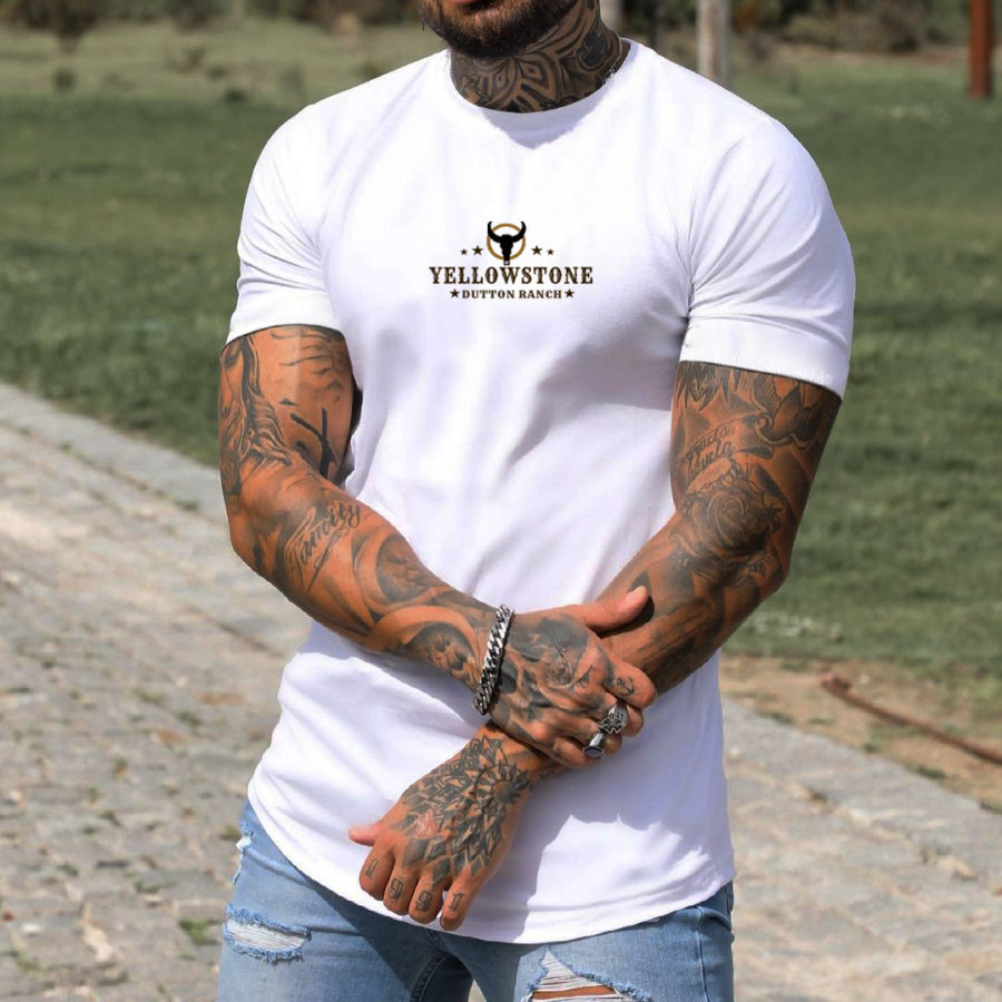 

Camiseta Masculina De Algodão Gola Redonda Básica Com Estampa Amarela