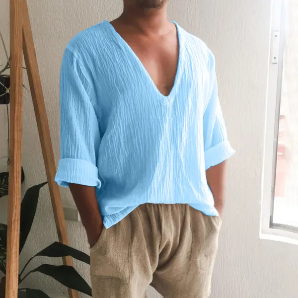 Men's Solid Color Wash Cotton Long Sleeve V-neck T-shirt - Villagenice.com 