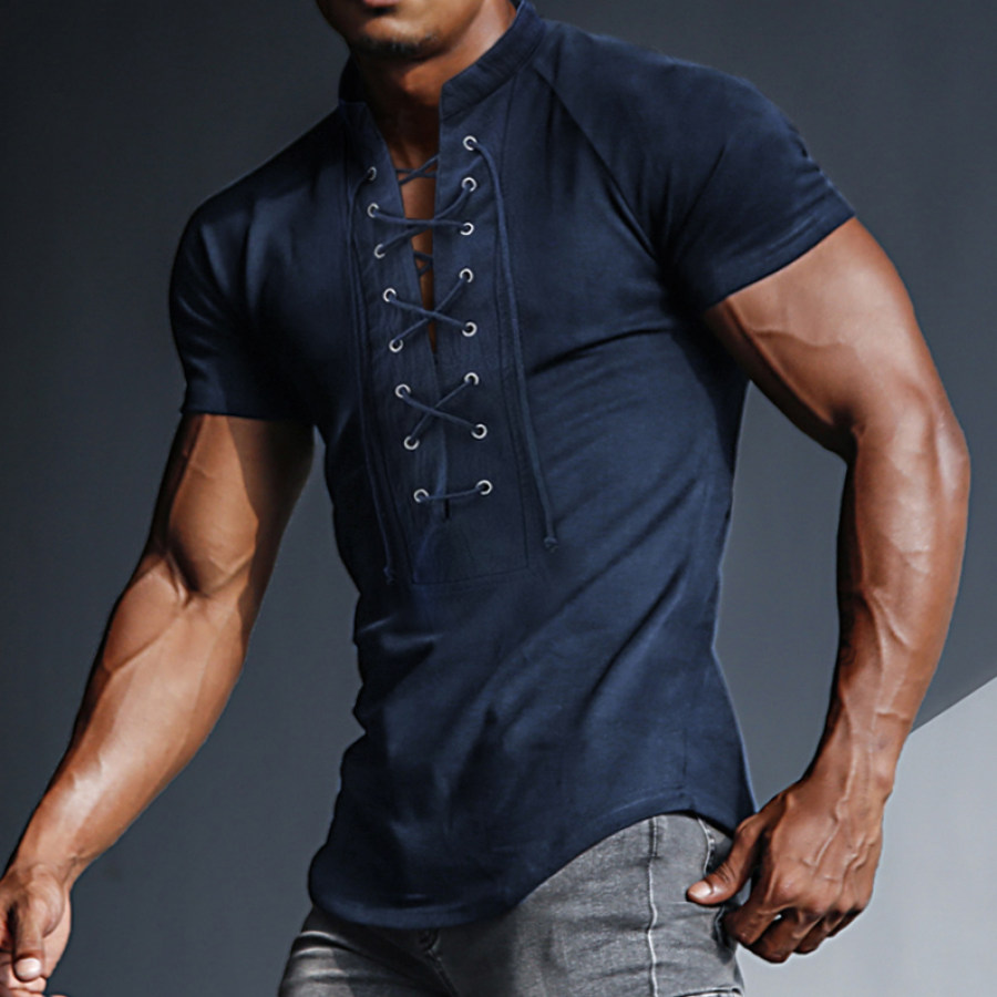 

Men's Casual Outdoor V-neck Short-sleeved T-shirt Slim Fit Elastic Drawstring Stand Collar Top