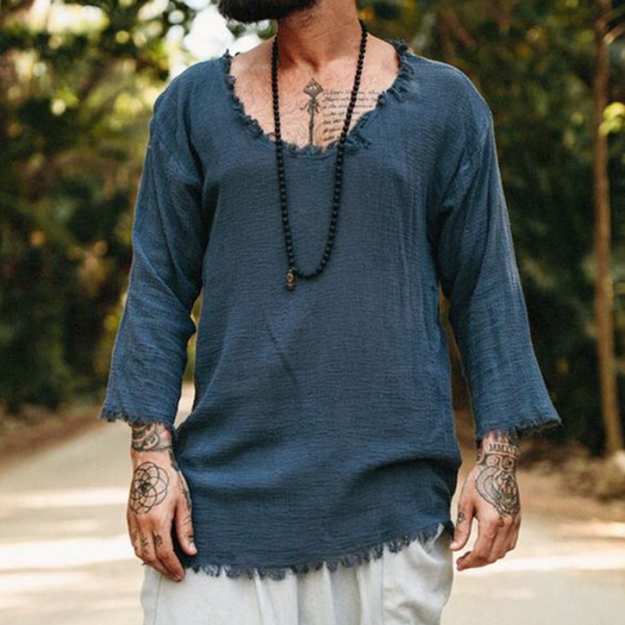 

Men's Linen Deep Neck Brushed Shirt