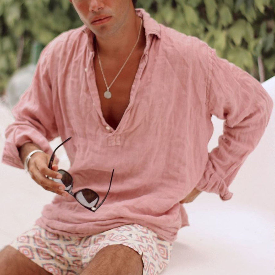 

Men's Linen Big V Neck Long Sleeve Casual Shirt