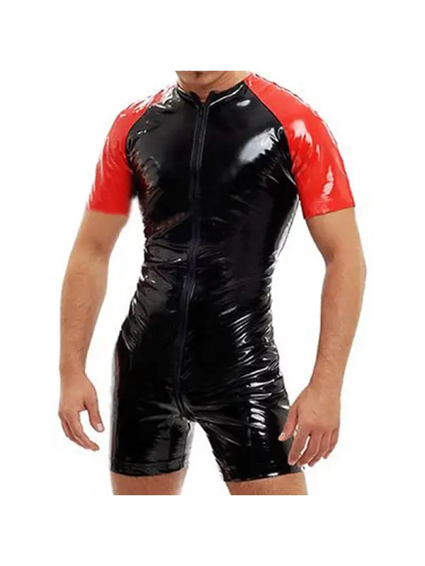 Men's PVC Bright Leather Sexy Slim Bodysuit - Ootdmw.com 