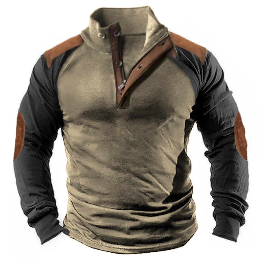 

Men's Retro Contrast Henley Stand Collar Long Sleeve T-Shirt