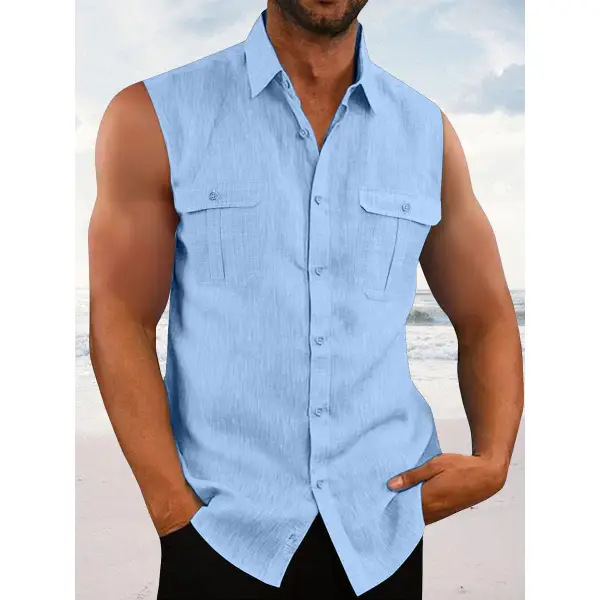 Mens Cotton And Linen Chic Summer Beach Sleeveless Shirt
